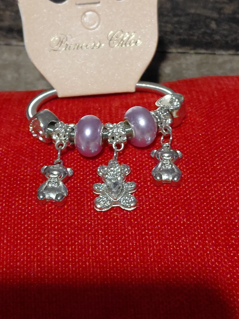 Silver Teddy Charm Bracelet with Lavender Beads